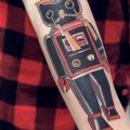 Arm Old School Owl Robot tattoo by La Dolores Tattoo