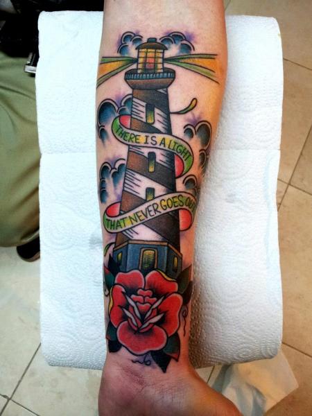 Arm New School Lighthouse Tattoo by La Dolores Tattoo