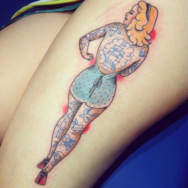 New School Pin-up Thigh Tattoo by La Dolores Tattoo
