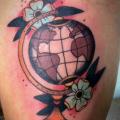 Old School Thigh World tattoo by La Dolores Tattoo