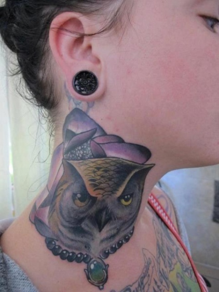 Neck Owl Tattoo by Bonic Cadaver