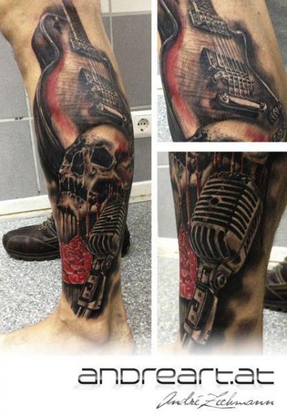 Calf Skull Guitar Microphone Tattoo by Andreart Tattoo
