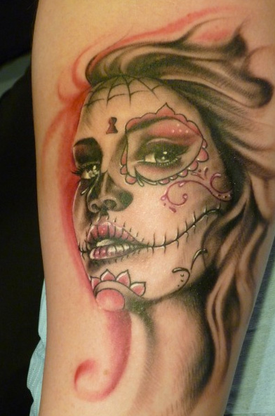 Arm Mexican Skull Women Tattoo by Art Line Tattoo