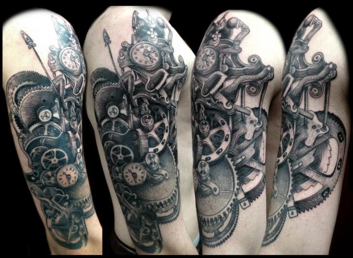 Shoulder Arm Gear Clock Dotwork Tattoo by Tin Tin Tattoos