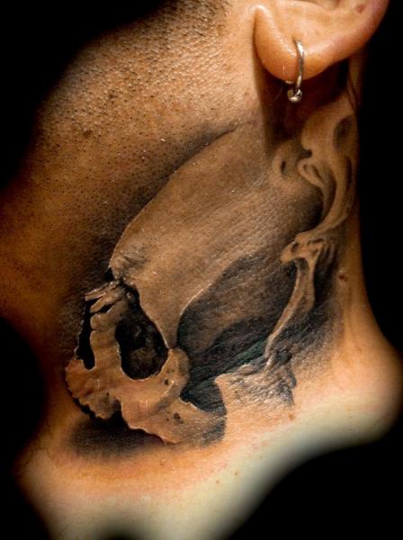 Skull Neck Tattoo by Tatuajes Demon