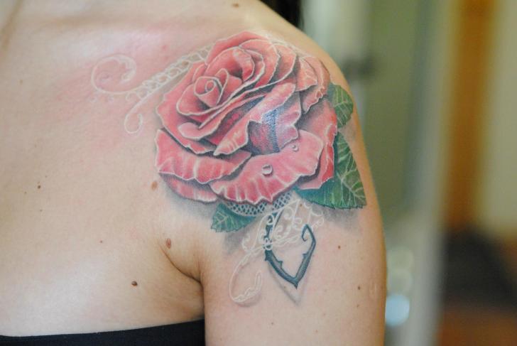 Shoulder Realistic Rose White Ink Tattoo by Mai Tattoo
