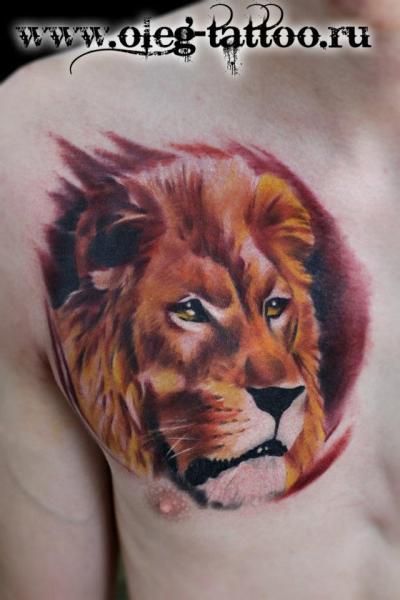Chest Lion Tattoo by Oleg Tattoo