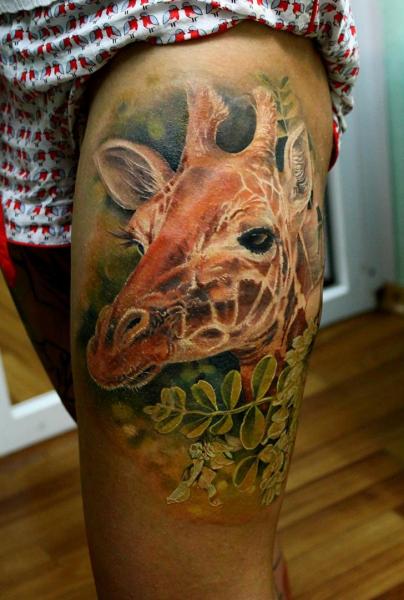 Realistic Giraffe Thigh Tattoo by Tattoo X