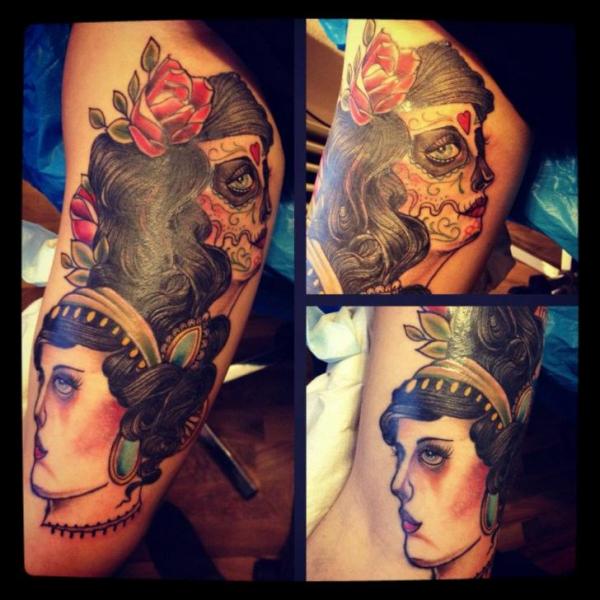 Arm Mexican Skull Women Tattoo by Time Travelling Tattoo