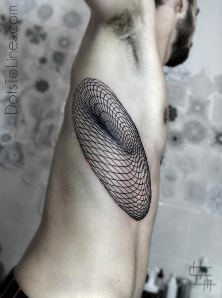 Tatuaje Lado Dotwork Óptico por Dots To Lines