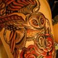 Old School Flower Owl Thigh tattoo by Seven Devils