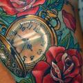 Clock Flower Thigh tattoo by Vaso Vasiko Tattoo