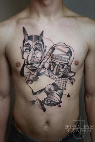 Tatuaggio Petto Maschera Dotwork di Peter Aurisch