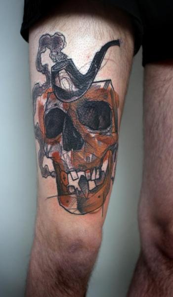 Skull Pipe Thigh Tattoo by Peter Aurisch