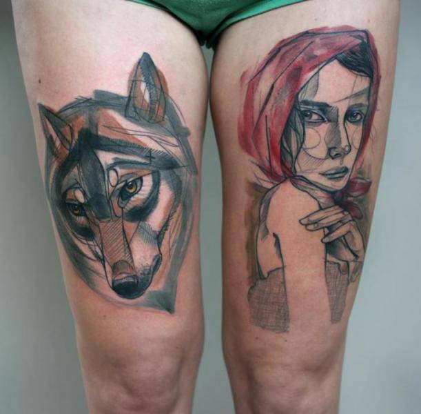 Tatuaje Mujer Lobo Muslo por Peter Aurisch
