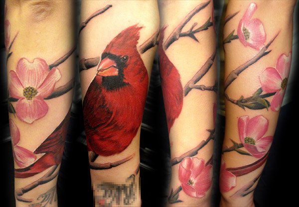 Arm Realistic Flower Bird Tattoo by Requiem Body Art