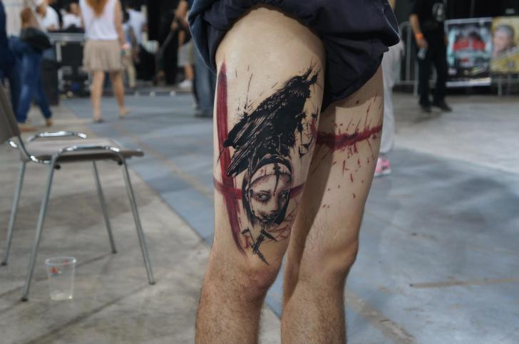 Leg Raven Trash Polka Tattoo by Proki Tattoo