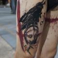 Leg Raven Trash Polka tattoo by Proki Tattoo