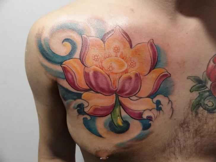 Chest Flower Tattoo by Salo Tattoo