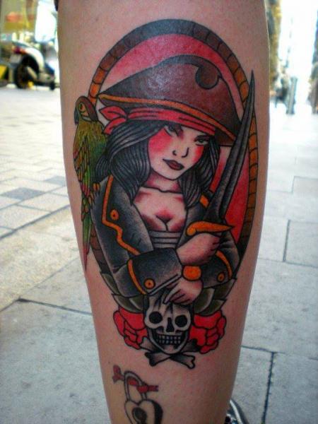 Calf Old School Pirate Tattoo by Tattoo Tai