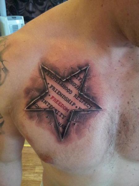 Chest Lettering Star 3d Tattoo by Rock Ink