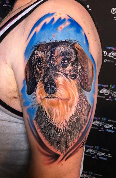 Shoulder Realistic Dog Tattoo by Heaven Of Colours