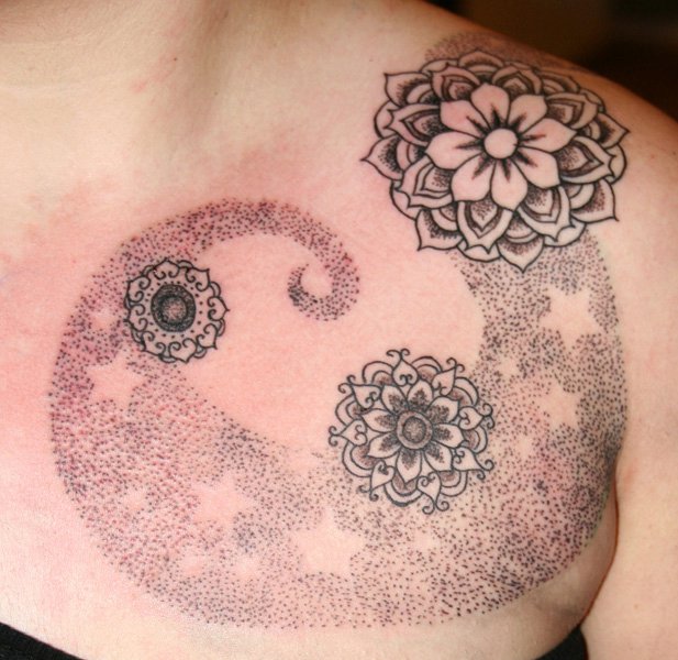 Flower Dotwork Breast Tattoo by Kaeru Tattoo