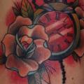 Clock Old School Flower Thigh tattoo by Tattoo Blue Cat