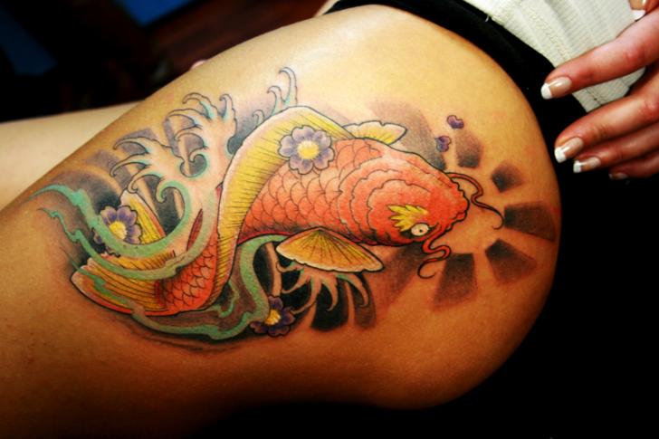 Japanese Carp Thigh Tattoo by Wanted Tattoo