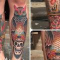 New School Leg Skull Owl Lamp tattoo by North Side Tattooz