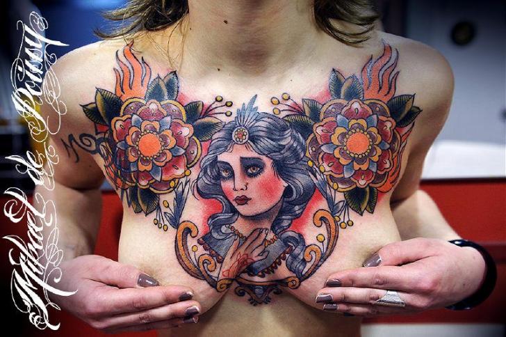 Old School Flower Women Breast Tattoo by Mikael de Poissy