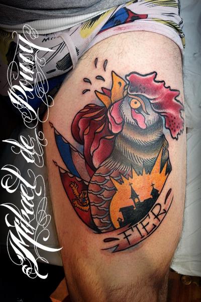 New School Rooster Thigh Tattoo by Mikael de Poissy