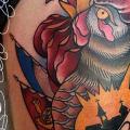 New School Rooster Thigh tattoo by Mikael de Poissy