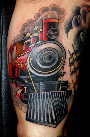 Arm Old School Train Tattoo by Jim Sylvia
