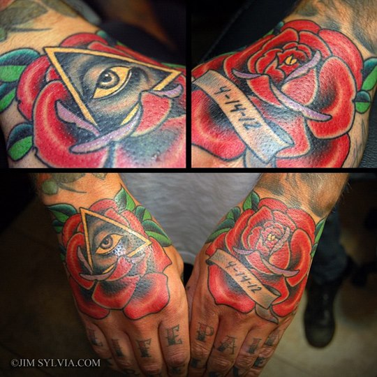 Old School Flower Hand Tattoo by Jim Sylvia