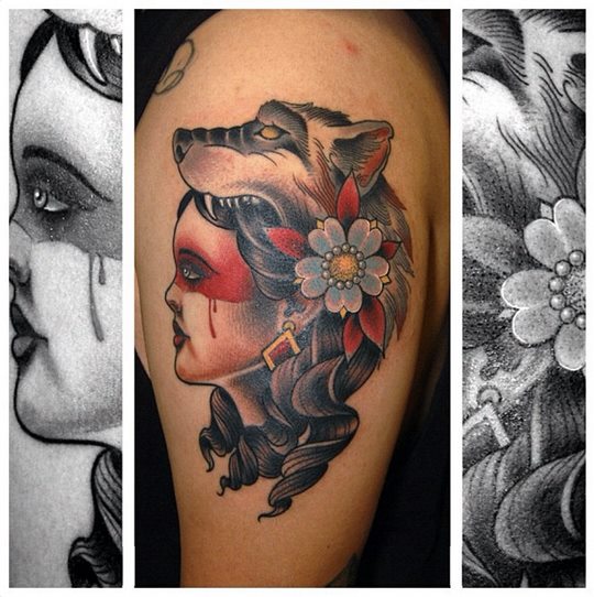 Shoulder Old School Women Wolf Tattoo by Jim Sylvia