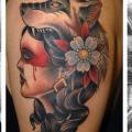 Shoulder Old School Women Wolf tattoo by Jim Sylvia