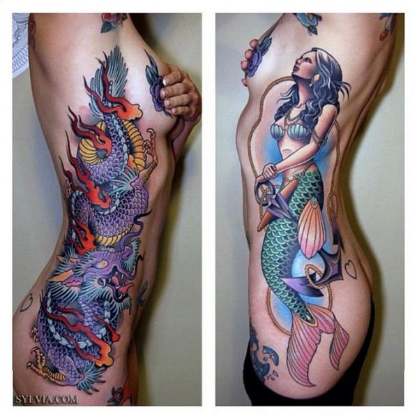 Tatuaggio Fantasy Fianco Sirena Draghi di Jim Sylvia