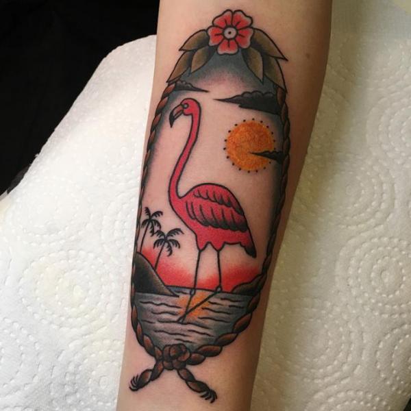 Arm Old School Flamingo Tattoo by Tatouage Chatte Noire