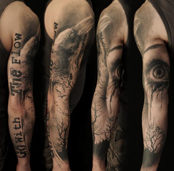 Lettering Eye Tree Sleeve Tattoo by Vicious Circle Tattoo