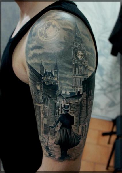 Tatuaje Hombro Realista Ciudad por Pavel Roch
