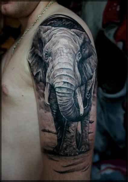 Shoulder Realistic Elephant Tattoo by Pavel Roch