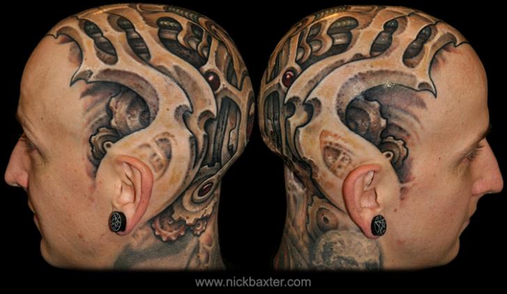 Biomechanical Head Tattoo by Nick Baxter