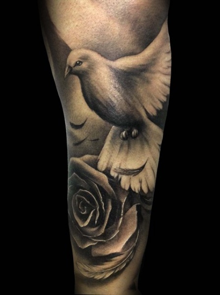 Arm Realistic Flower Bird Tattoo by Demon Tattoo
