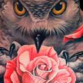 Realistic Chest Flower Neck Owl tattoo by Demon Tattoo