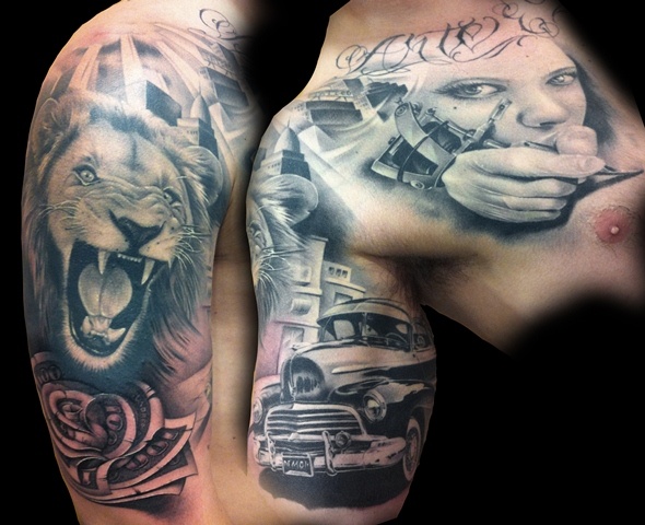 Shoulder Arm Realistic Chest Women Car Lion Tattoo by Demon Tattoo