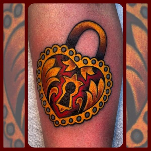 Arm Old School Heart Lock Tattoo by Forever True Tattoo