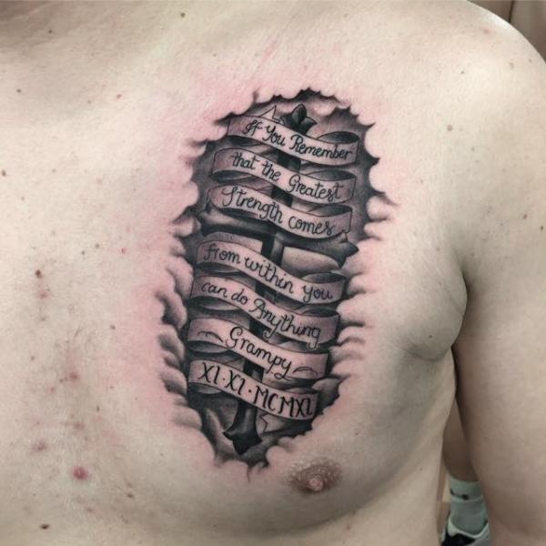 Chest Lettering Crux Tattoo by Bad Apples Tattoo