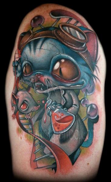 Tatuaje Hombro Fantasy Gato por Kelly Doty Tattoo