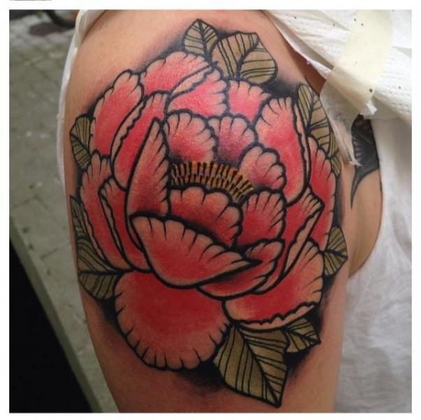 Shoulder New School Flower Tattoo by Zoi Tattoo